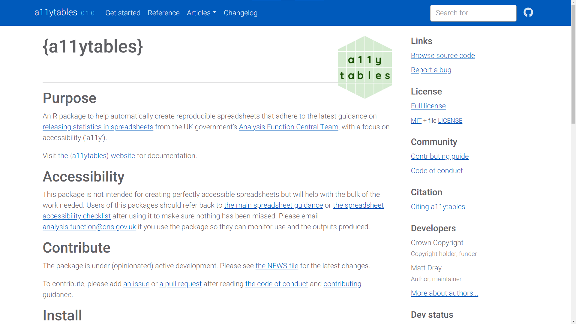 A screenshot of the documentation website for the R package called a11ytables. It has several sections of information about the purpose of the package, the license, the authors, and more.