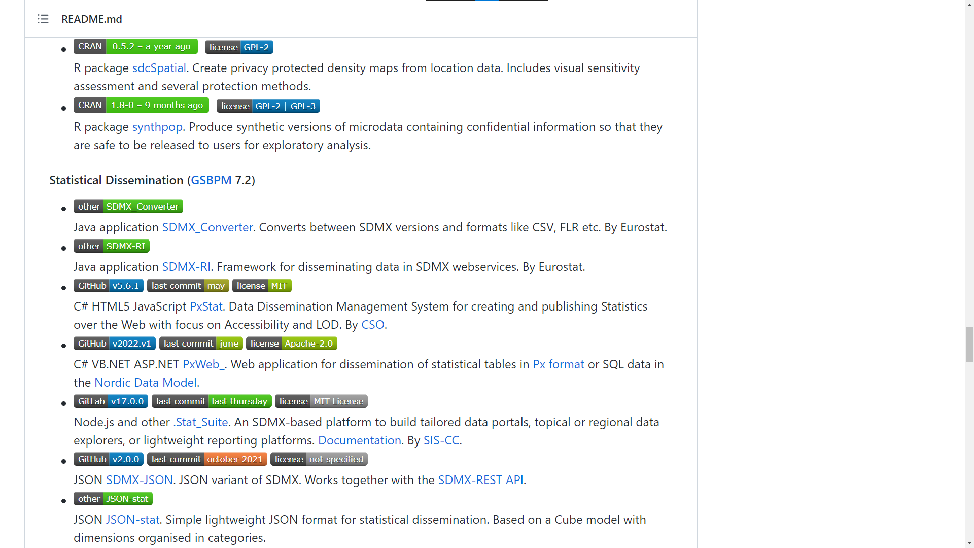 A section of the README file from the Awesome List for Official Statistics Software on GitHub.