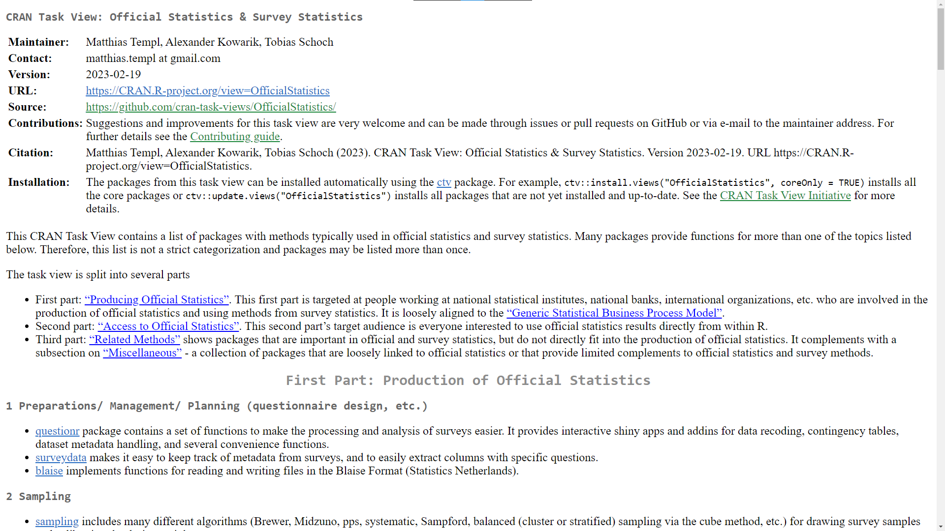 An example CRAN Task View webpage, which lists R packages grouped by some specialism. This example is for official and survey statistics.