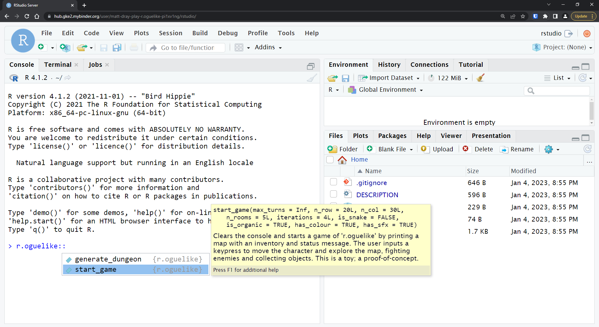 A screenshot of RStudio running in the browser with the package r.oguelike preinstalled.