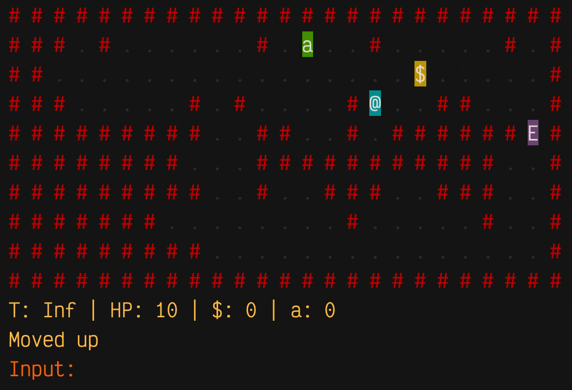 Output in the R terminal. The top section is a tile grid of characters laid out like an 80s videogame with text-only graphics, like Rogue. Red hashes are wall tiles Black periods are floor tiles. A green dollar sign, a yellow 'a', a pink letter 'E' and a blue 'at' symbol. Underneath is a status bar with some inventory information and instructions on how to play. The cursor is waiting on a line that says 'input'.