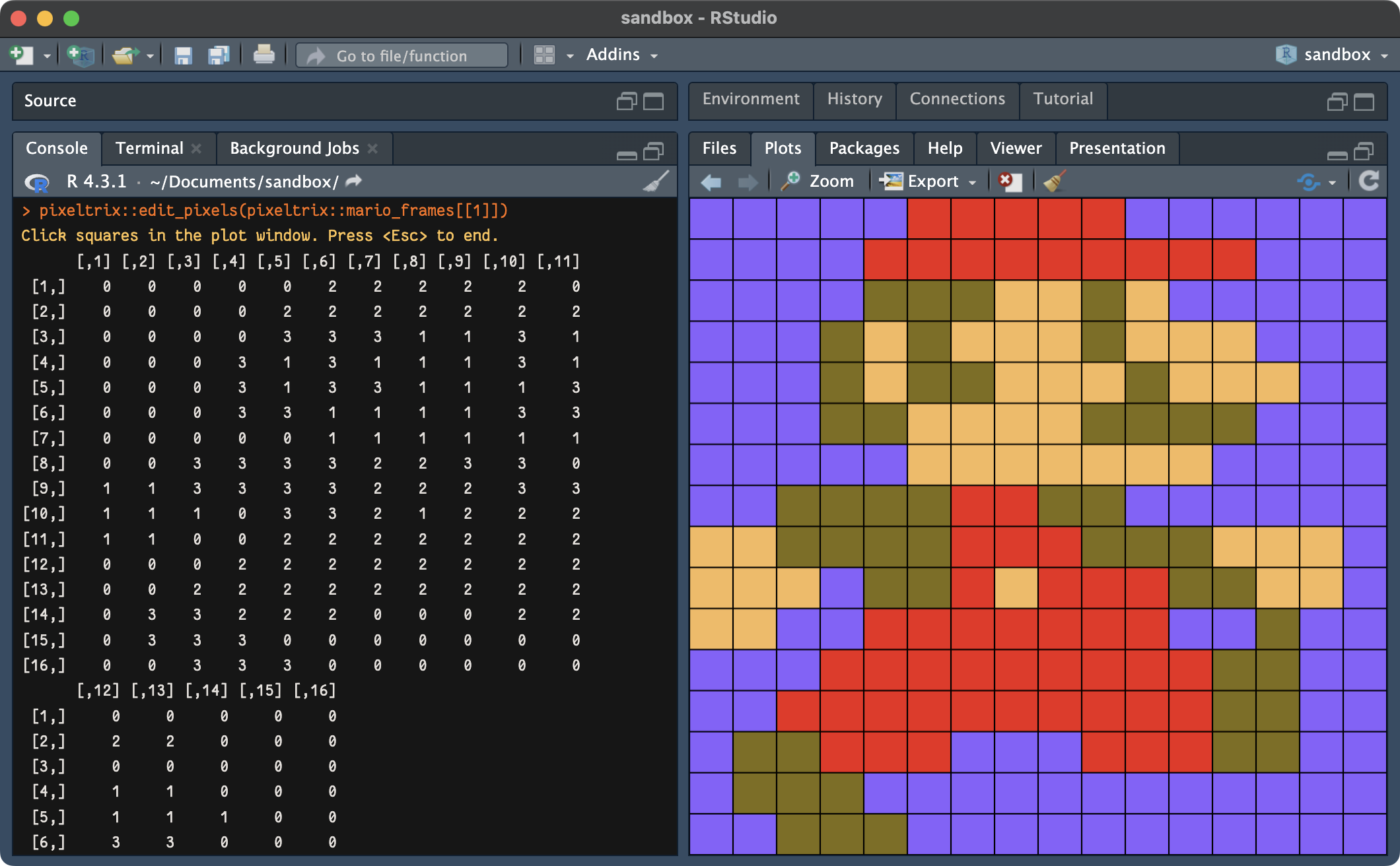 Demo of the 'pixeltrix' package in RStudio. A function has been run and the plot window displays a grid of squares. They're coloured to look like Mario from Super Mario. The user hits the escape key and is returned a matrix representation of the character they made, including colour values as an attribute.