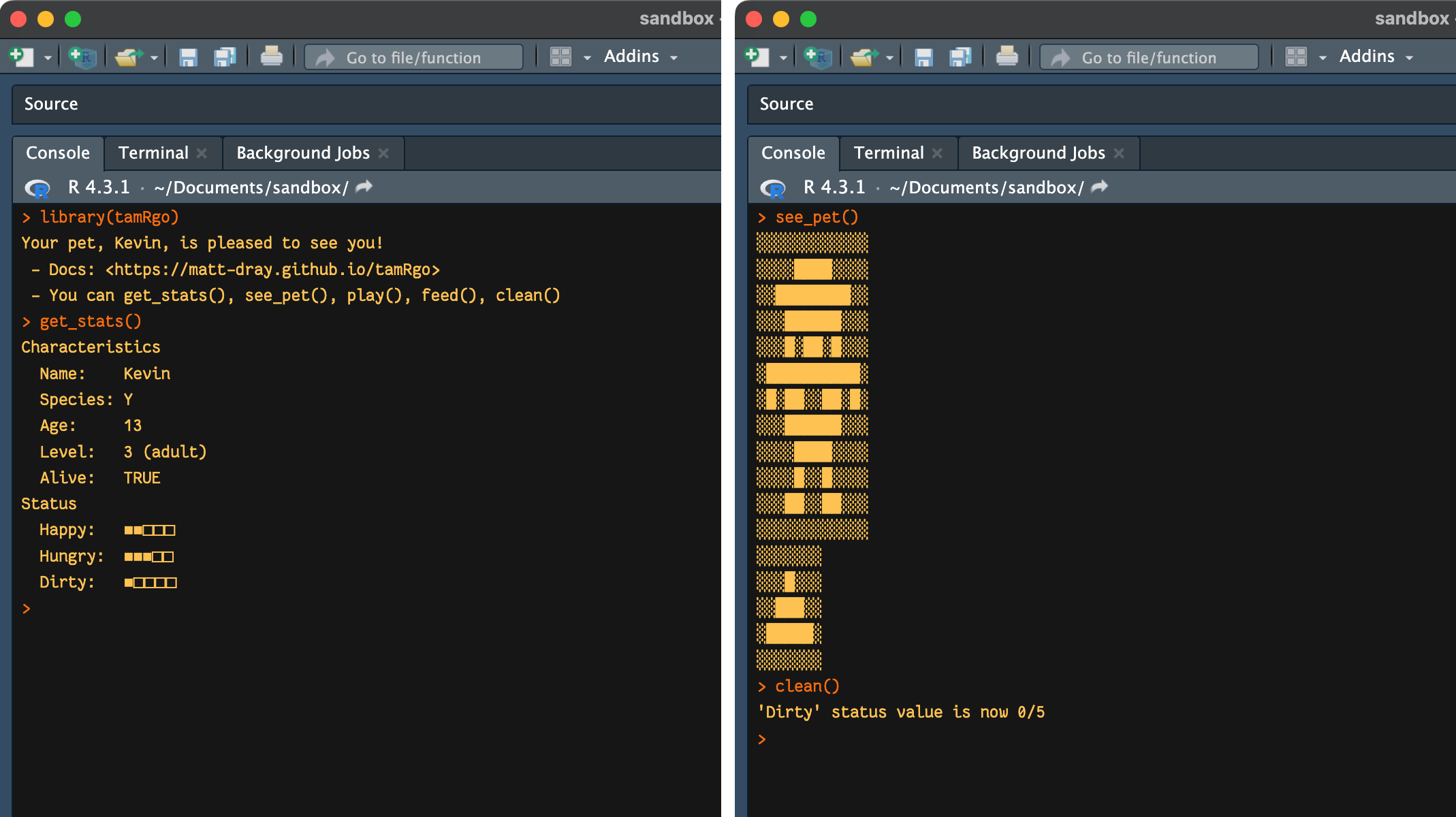 Demo of the 'tamRgo' package in the RStudio console. On the left, the 'tamRgo' package is loaded, which tells the user that their pet, 'Kevin', is pleased to see them and also provides some prompts for interacting with the pet. The user uses the 'get_stats' function for a printout showing the pet's status, like its age and how hungry it is. On the right, the user uses the 'see_pet' function' and a blocky character is printed to the console, along with a blocky poop. The user runs the 'clean' function and reinspects the pet and a message says that 'dirty' status value is now set to zero.